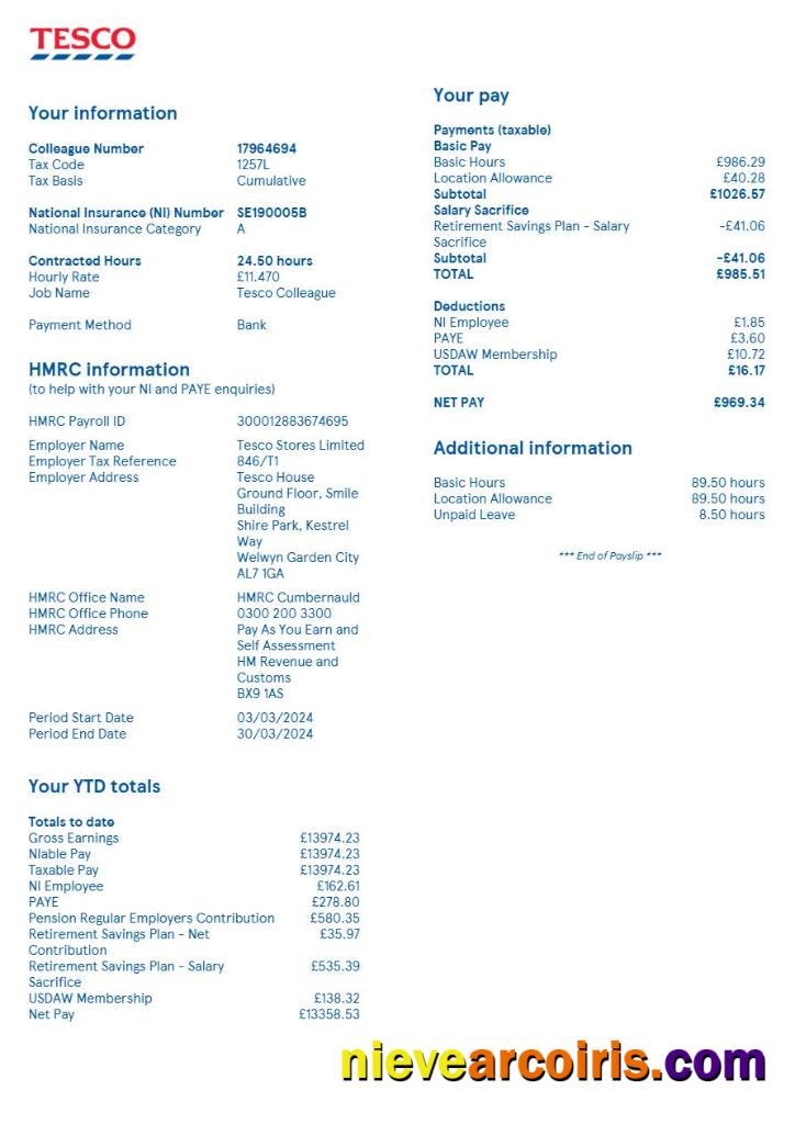 United Kingdom Tesco Stores payslip 2
